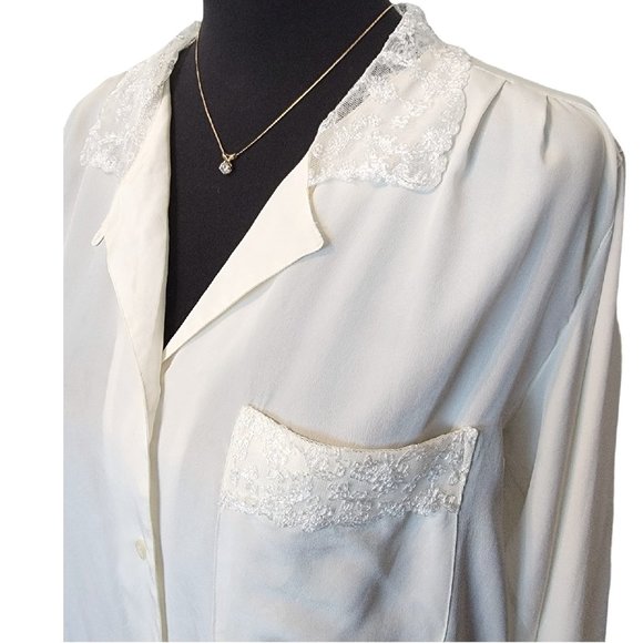 Chaus Vintage Ivory Lace Collar Button-Down Long Sleeve Blouse – Size 10 - Picture 1 of 7